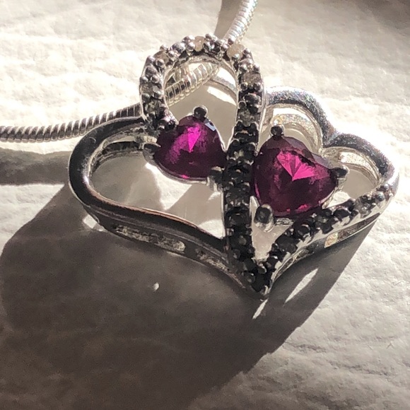 Ruby & Diamond Double-Hearts Necklace, Sterling Silver w/ 24-inch Sterling Chain - Picture 2 of 12